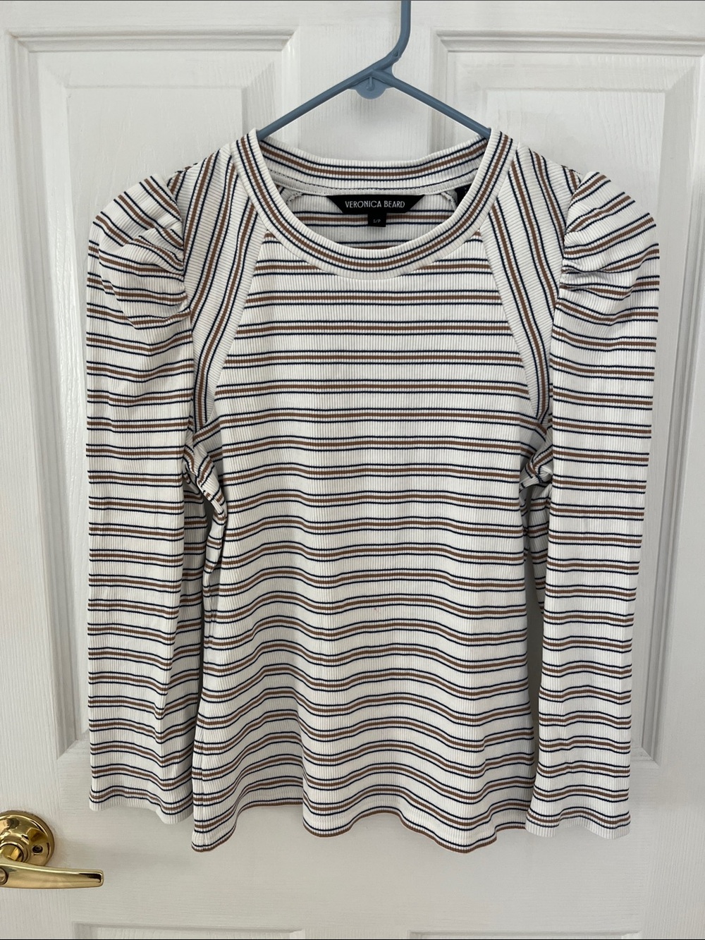 Veronica Beard White Long-Sleeve Striped Puff-Sleeve Top